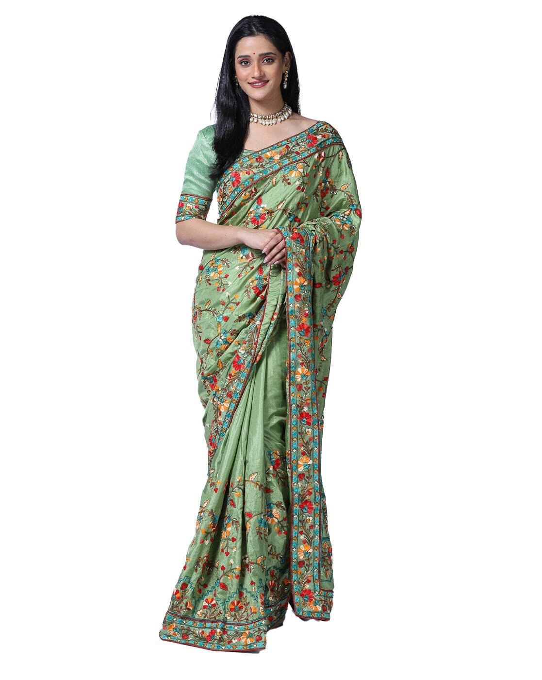 -1117Wx1400H-466617904-green-MODEL Embroidered Saree with Lace Border - Image 1