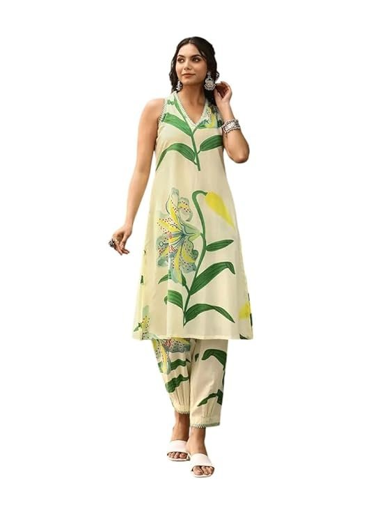 51VA0WQO4fL._SY741_ Women's Pure Cotton Sleeveless Regular Kurta with Pant (Green-Leaf-p) - Image 1
