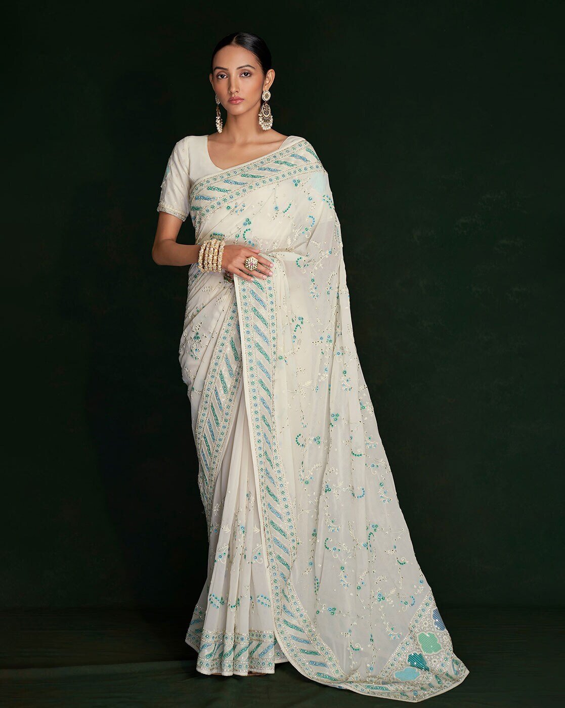 -1117Wx1400H-466200290-white-MODEL Embroidered Embellished Saree - Image 1