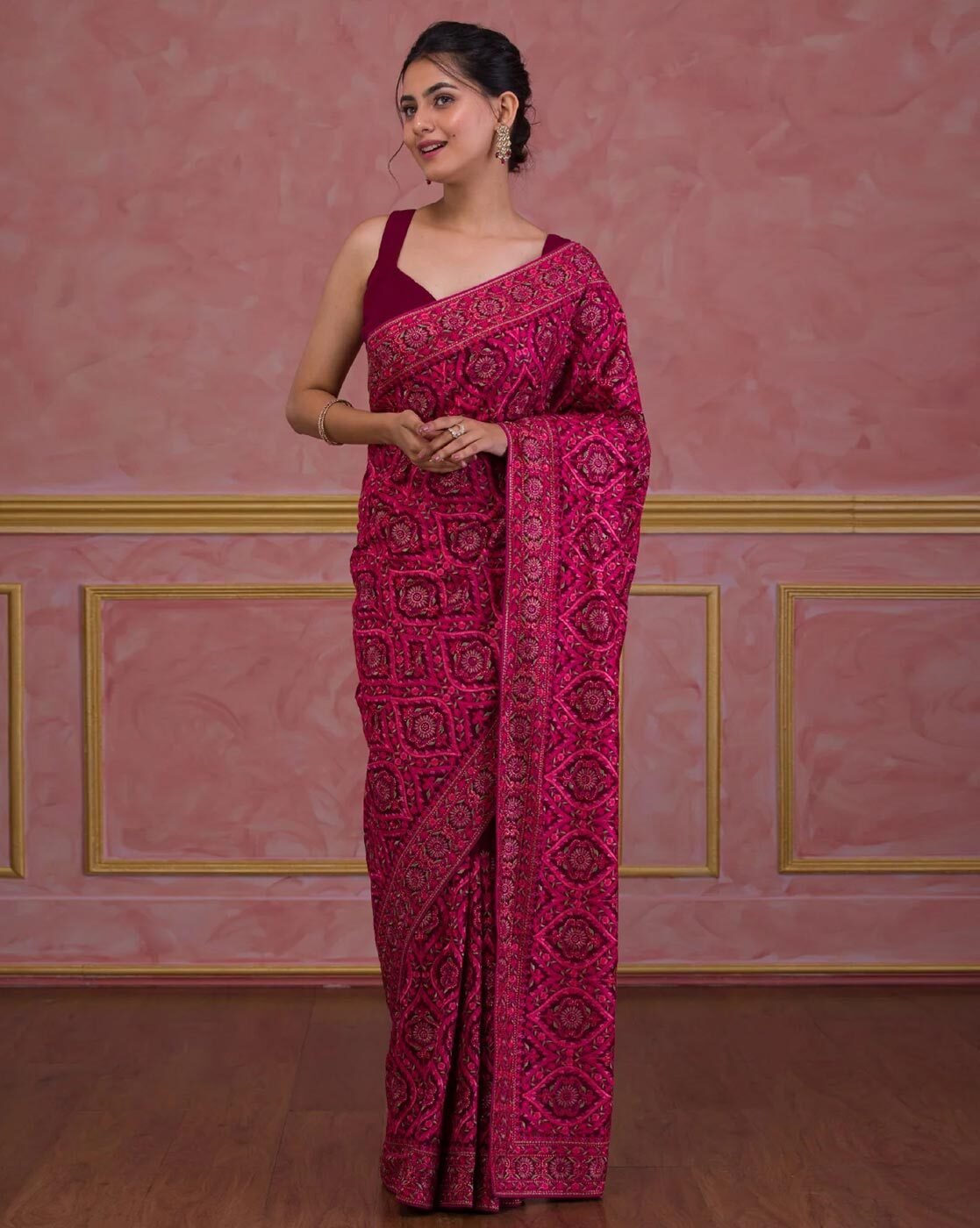 -1117Wx1400H-467168992-pink-MODEL (1) Women Embroidered Saree with Blouse Piece - Image 1