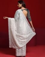 Women Embroidered Saree with Scalloped Border - Image 3